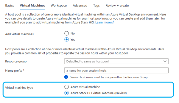 thumbnail image 1 captioned Screenshot of the Virtual Machines options; virtual machine type is highlighted and "Azure Stack HCI virtual machine (Preview) is selected