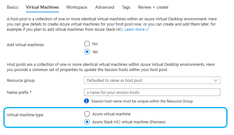 thumbnail image 1 captioned Screenshot of the Virtual Machines options; virtual machine type is highlighted and "Azure Stack HCI virtual machine (Preview) is selected