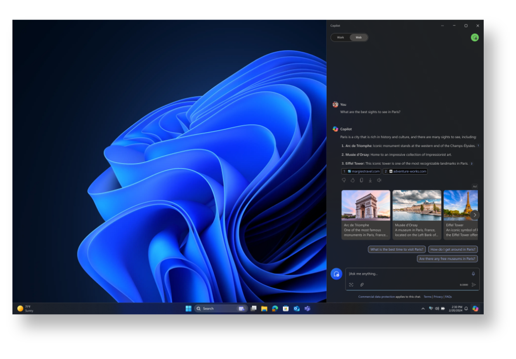 Windows home screen with Copilot tab open on the right using the search function