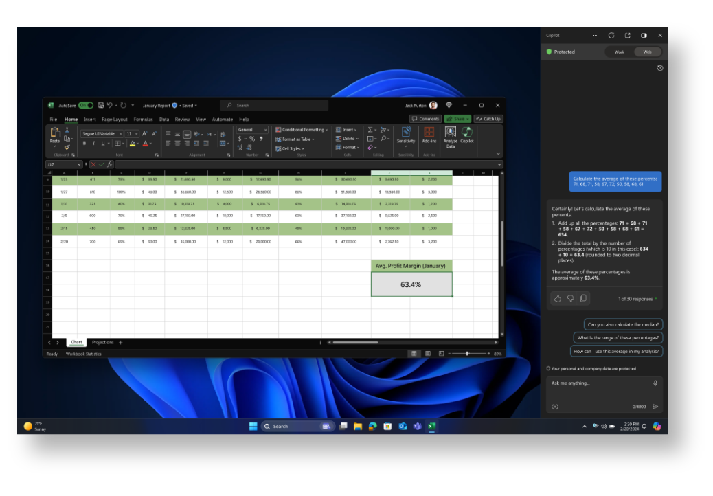 Windows home screen with an excel document open and Copilot tab